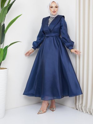 Yaka Detaylı, Organze Tül Abiye Elbise Lacivert