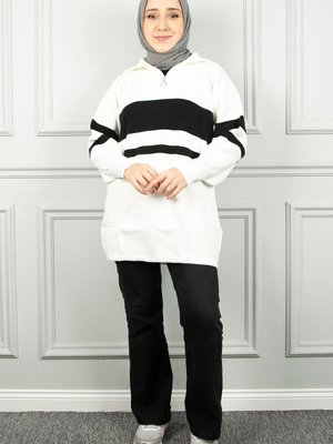 Krem Çizgili Yarım Fermuarlı Triko Tunik