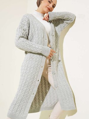 Düğmeli Uzun Triko Hırka Gri