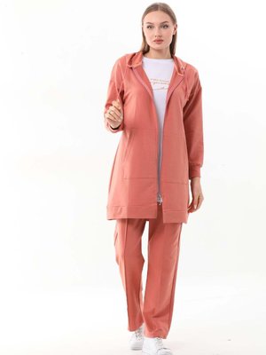 Kabartma Baskılı Somon Renk Üçlü Spor Takım Kombin