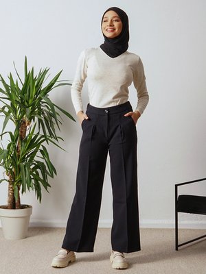 Lacivert Krep Arkası Lastikli Kumaş Pantolon Lacivert Krep Arkası Lastikli Kumaş Pantolon