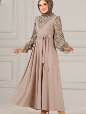 Kuşaklı Tül Elbise Bej Kuşaklı Tül Elbise Bej