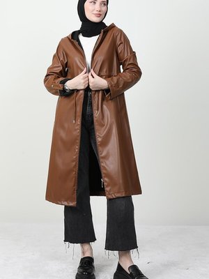 Kapüşonlu Deri Kap Kahve