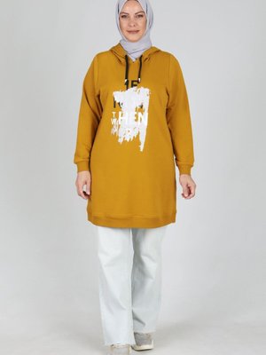 Hardal Büyük Beden Yaldız Baskılı Spor Tunik