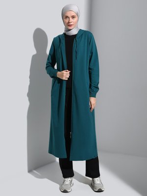 Zümrüt Yeşili Fermuarlı Kapüşonlu Uzun Spor Kap