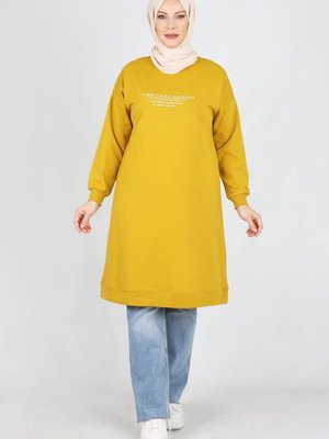 Büyük Beden Ara Boy İki İplik Spor Tunik Hardal