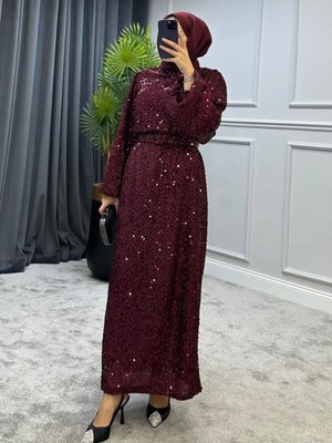 Kırçıllı Payetli Abiye Elbise Bordo Kırçıllı Payetli Abiye Elbise Bordo