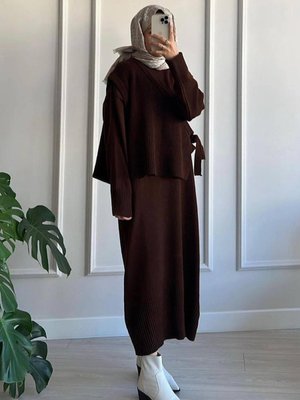 2'li Takım Triko Tesettür Elbise Bluz Kahve Rengi
