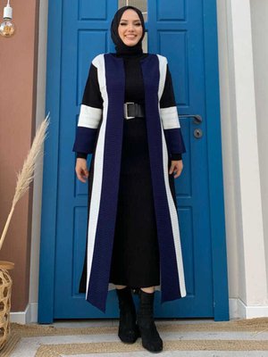 Kalın Şerit Desenli Renkli Triko Hırka Lacivert