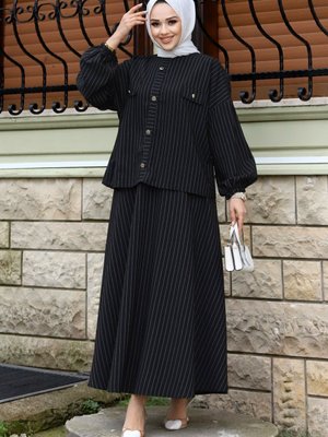 Nisa Cepli Ve Süs Düğmeli Etekli Takım Siyah