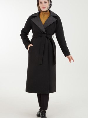 Armine Trend Kapitone Detaylı Gizli Çıt Çıtlı Belden Bağlamalı Kaşe Kaban Siyah