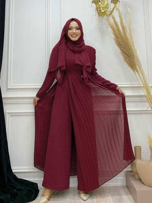 Piliseli Şifon Pelerin Detay Bel Kuşaklı Tulum Bordo