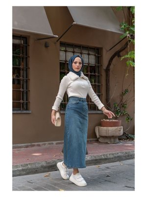 Doğal Kumaşlı Yıldız Rivetli Kot Etek Mavi