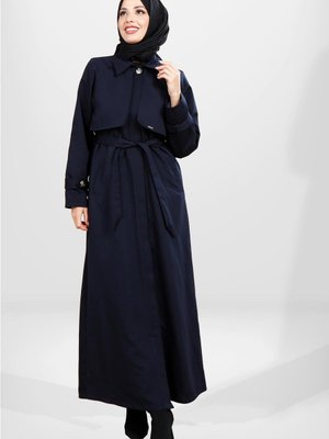 Düğmeli Tam Boy Lacivert Trençkot