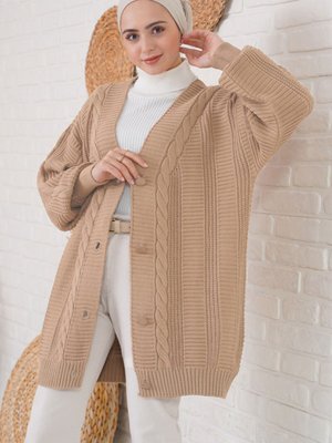 Camel Saç Örgü Desen Düğmeli Triko Hırka