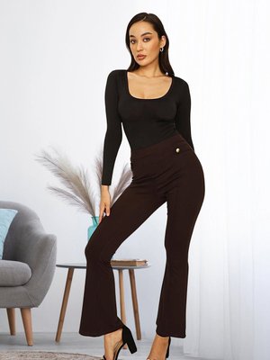 Kahverengi Gold Düğme Detaylı İspanyol Paça Tayt Pantolon Kahverengi Gold Düğme Detaylı İspanyol Paça Tayt Pantolon