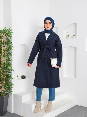 Lacivert Düğmeli Kaşe Kaban