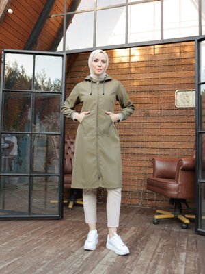 Cep Detaylı Trençkot Haki