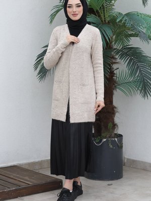 Taş Modest Cepli Ponpon Detaylı Triko Hırka