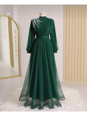 Önü Taş Detaylı Drapeli Kemerli Tül Abiye Elbise