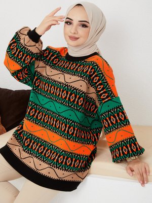 Modest Triko Desenli Salaş Kışlık Şık Balon Kollu Tarz Tunik Modest Triko Desenli Salaş Kışlık Şık Balon Kollu Tarz Tunik