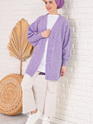 Lila Saç Örgü Desen Düğmeli Triko Hırka