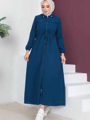 8023 Bel Büzgülü Tesettür Ferace İndigo