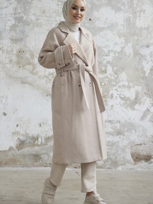 Muna Desenli Düğmeli Kaşe Kaban Bej