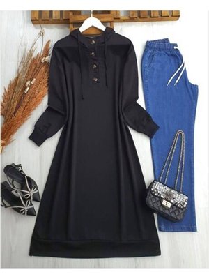 Düğmeli Kapüşonlu Tam Boy Tunik