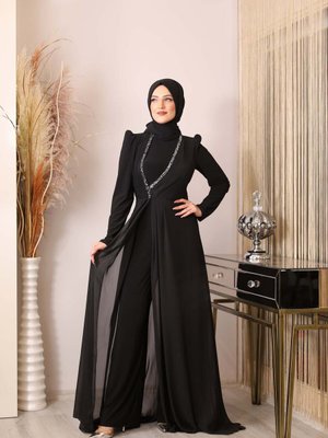 Önü Piliseli Taş Detaylı Sedef Tulum Siyah