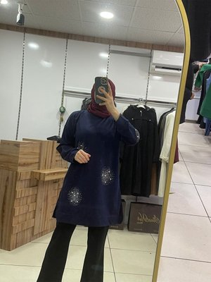 Lacivert Önü İnci Işlemeli Cm Dolunay Tunik