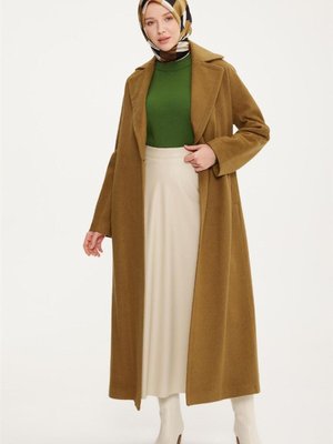 Belden Kuşaklı Kaşe Kaban Camel