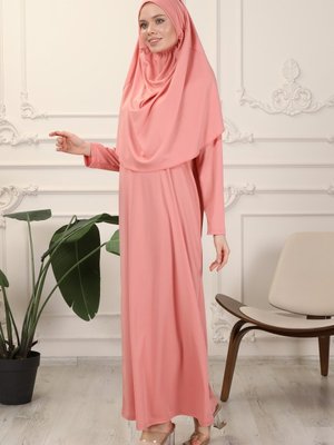 Gül Kurusu Tek Parça Kolay Kullanımlı Kendiliğinden Başörtülü Namaz Elbisesi