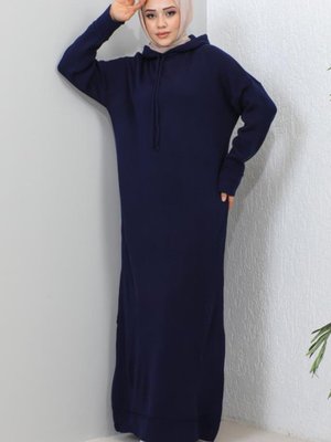 Kapüşonlu Triko Elbise Lacivert