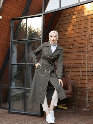 Düğme Detaylı Trençkot Haki