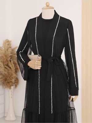 Yakası Ve Kolları İncili Beli Bağcıklı İkili Abaya Yakası Ve Kolları İncili Beli Bağcıklı İkili Abaya