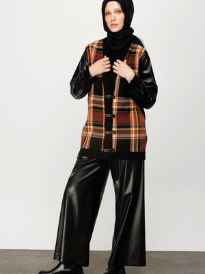 Ekose Triko Deri Ceket Tarçın / Kiremit