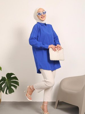 Saks Mavi Düz Terikoton Salaş Gömlek