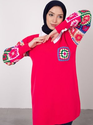 Kolları Etnik Desenli Triko Tunik Pembe Kolları Etnik Desenli Triko Tunik Pembe