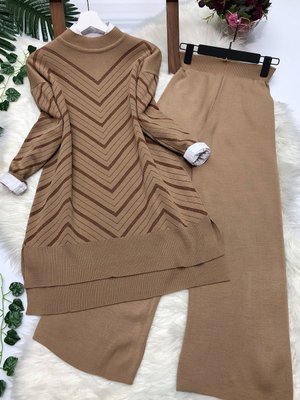 Simli Triko Tunik Pantolon Takım Camel