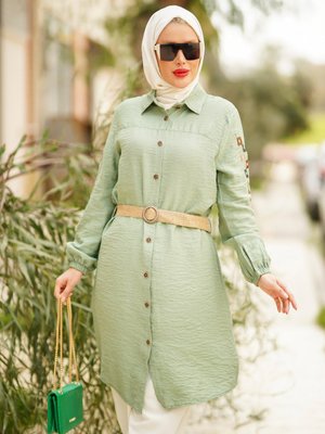 Çağla Kolları El İşleme Nakışlı Hasır Kemerli Tunik