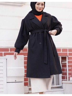 Siyah Uzun Boy Kuşaklı Balon Kol Kaşe Kaban