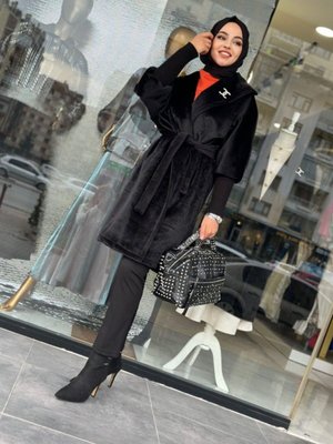 Angora Süper Lüx Kaban Mont Siyah