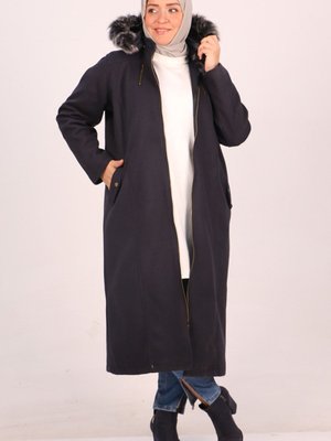 Lacivert Büyük Beden Fermuarlı Kaşe Kaban