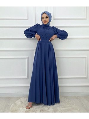 Kopya Tesettur Krep Kumaş Kruvaze Yaka Abiye Elbise