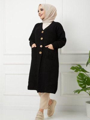 Düğmeli Cepli Siyah Triko Salaş Hırka