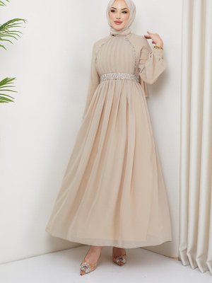 Meç Süslemeli, Piliseli Şifon Abiye Elbise Bej