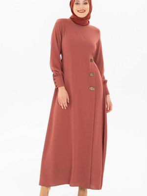 Miss Düğme Detaylı Kiremit Elbise