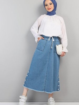 Yanları Çakımlı Kot Etek Açık Mavi