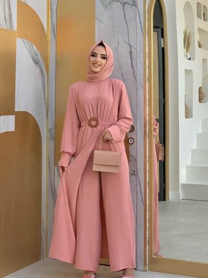 Bel Lastikli Düğme Görünümlü Kemer Aksesuarlı Tulum Pudra